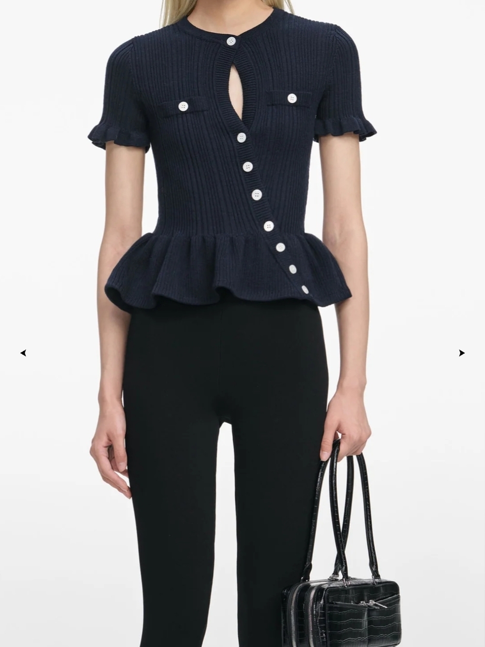 Navy Ruffle-Hem Ribbed Short-Sleeve Top - Picture 2 of 5